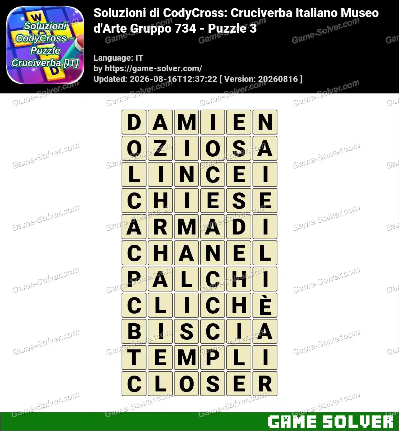 Soluzioni di CodyCross: Cruciverba Italiano Museo d’Arte Gruppo 734 – Puzzle 3